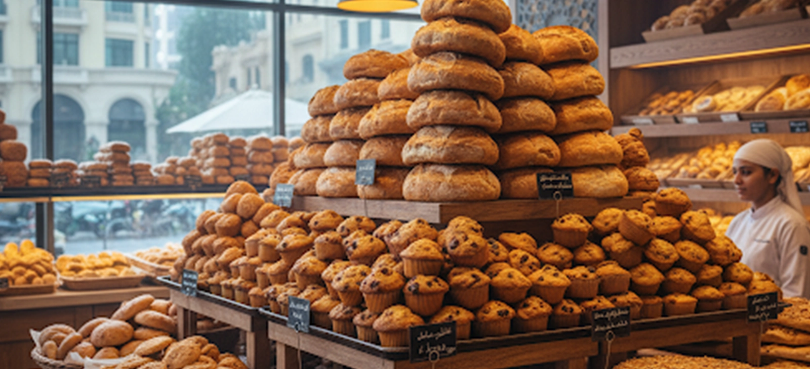 A bakery display with various healthy baked goods

