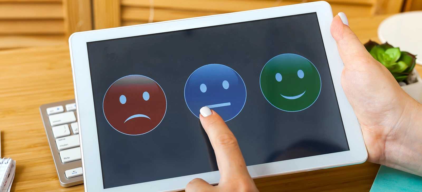 User giving online review on tablet