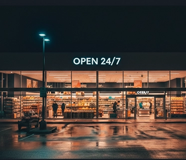 A brightly lit supermarket at night with an OPEN 24/7 sign

