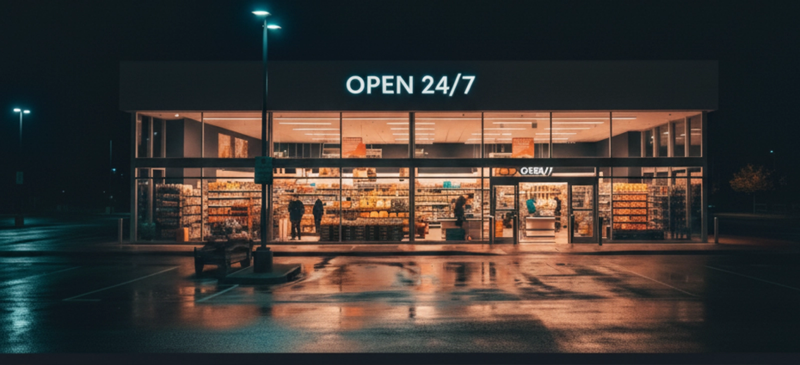 A brightly lit supermarket at night with an OPEN 24/7 sign

